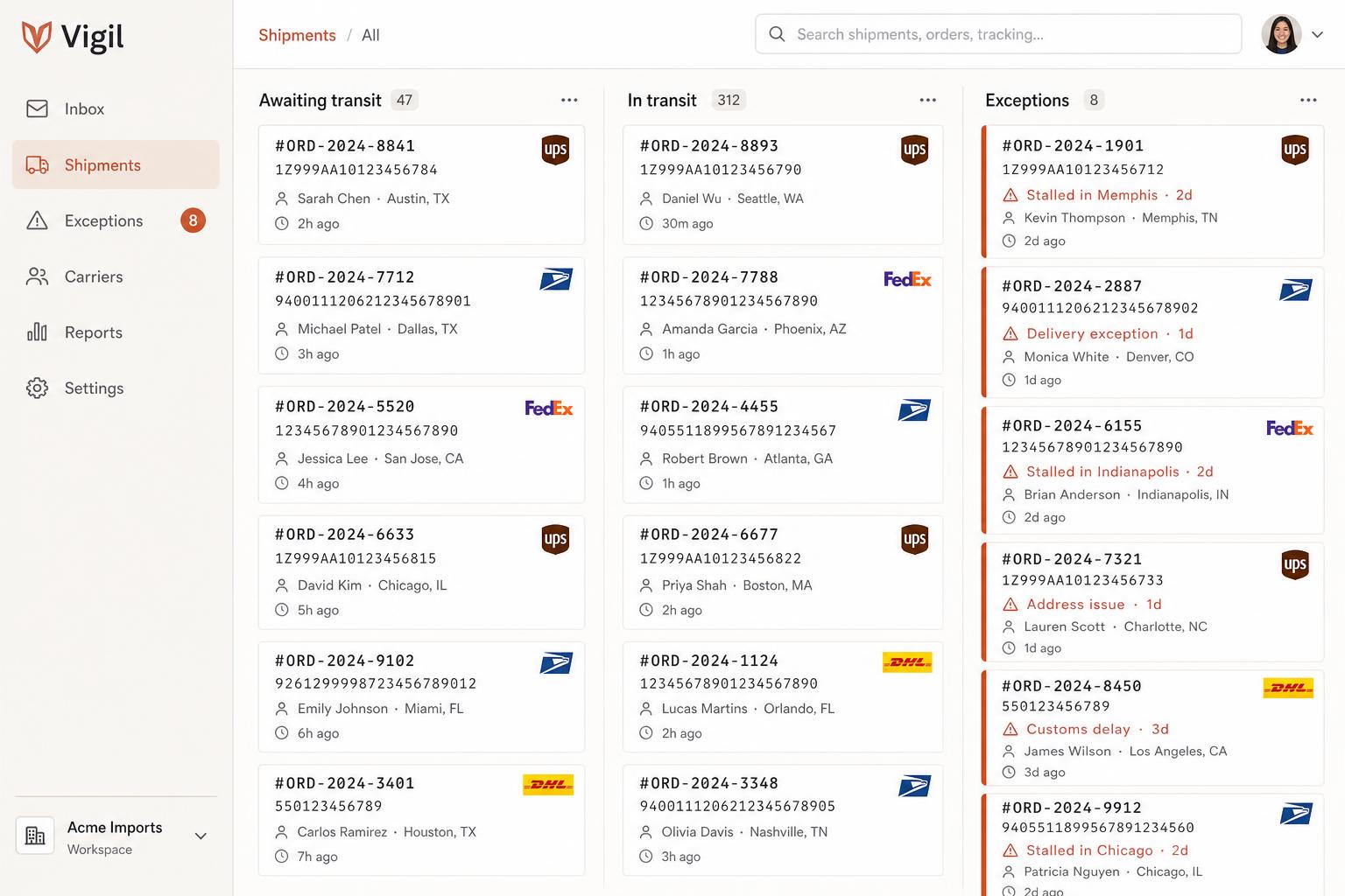 Vigil dashboard showing awaiting transit, in transit, and exception shipment columns