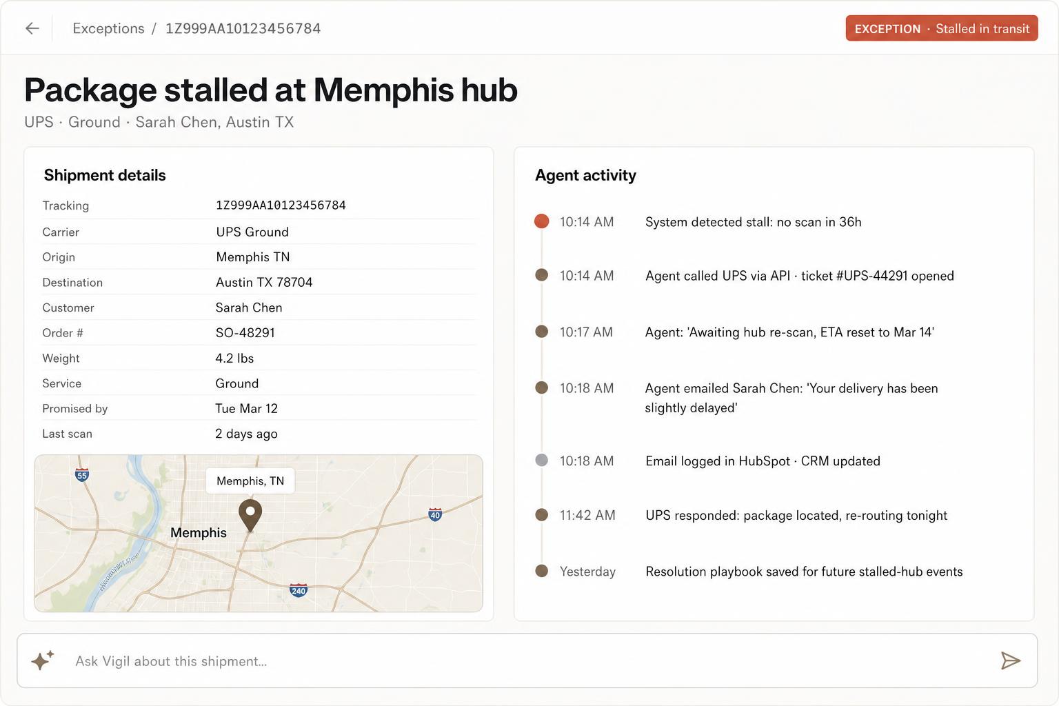Vigil exception detail screen showing the agent activity log for a stalled shipment